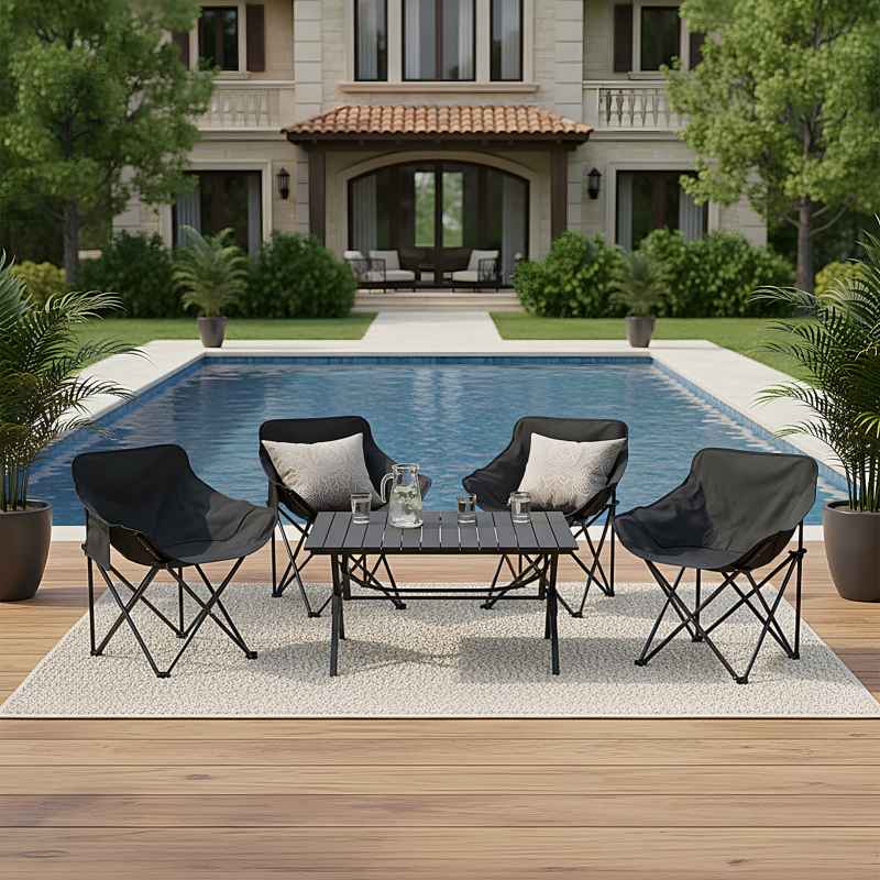 Living and Home 90cm X-Shaped Folding Camping Table & Chair Set, 90cm Black Roll Top Table + 4 Low-Back Moon Chairs, Portable Outdoor Picnic Furniture with Carry Bags