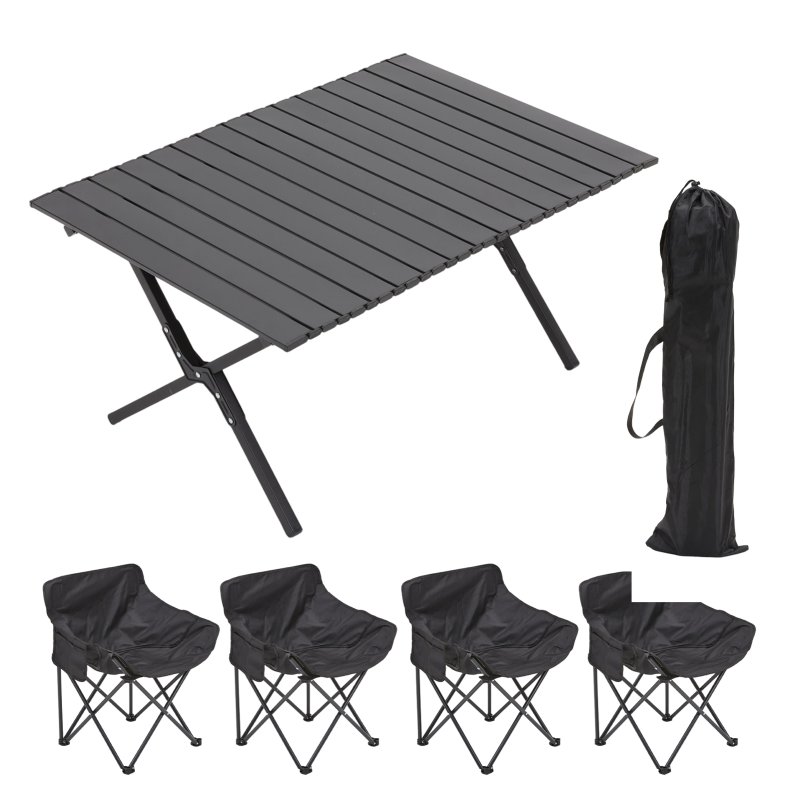 Living and Home 90cm X-Shaped Folding Camping Table & Chair Set, 90cm Black Roll Top Table + 4 Low-Back Moon Chairs, Portable Outdoor Picnic Furniture with Carry Bags