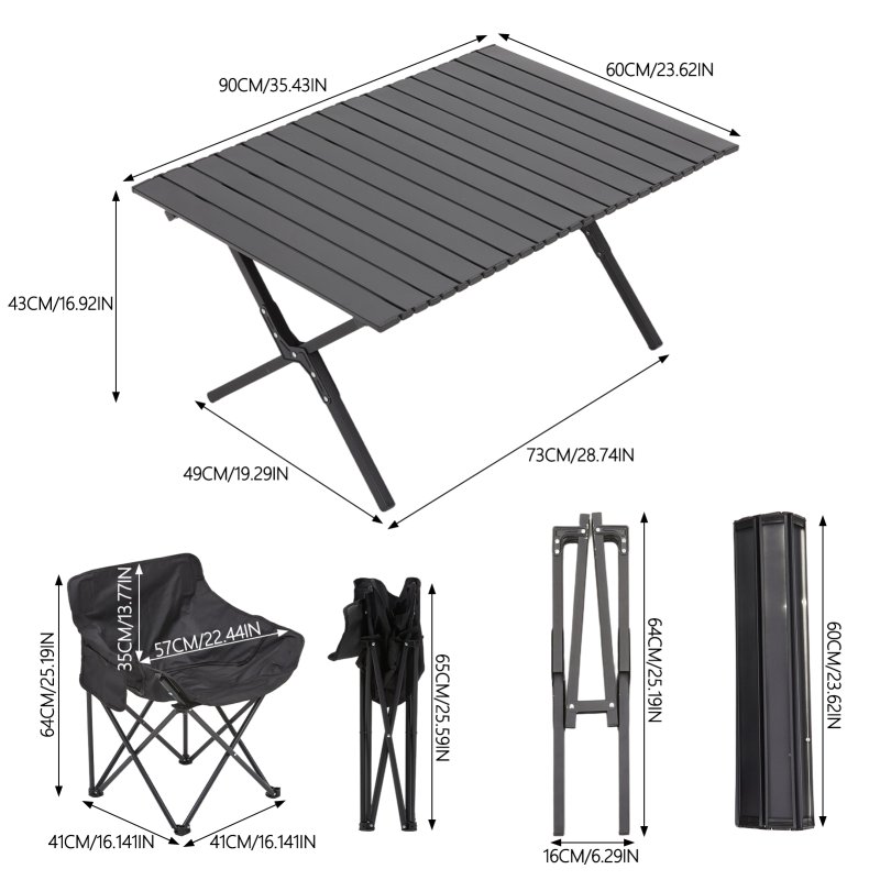 Living and Home 90cm X-Shaped Folding Camping Table & Chair Set, 90cm Black Roll Top Table + 4 Low-Back Moon Chairs, Portable Outdoor Picnic Furniture with Carry Bags