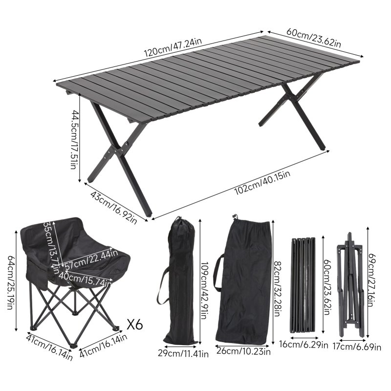 Living and Home 120cm X-Shaped Folding Camping Table & Chair Set, 120cm Black Roll Top Table + 6 Low-Back Moon Chairs, Portable Outdoor Picnic Furniture with Carry Bags