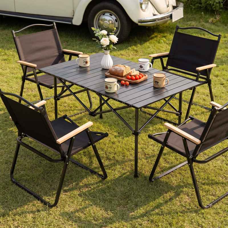 Living and Home 95cm Portable Folding Camping Table & Chair Set, 95cm Black Roll-Top Table + 4 Kermit Chairs with Wood Armrests, Outdoor Picnic Furniture with Carry Bag