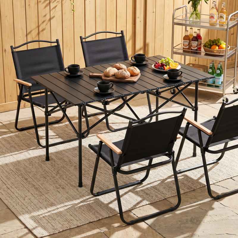 Living and Home 95cm Portable Folding Camping Table & Chair Set, 95cm Black Roll-Top Table + 4 Kermit Chairs with Wood Armrests, Outdoor Picnic Furniture with Carry Bag