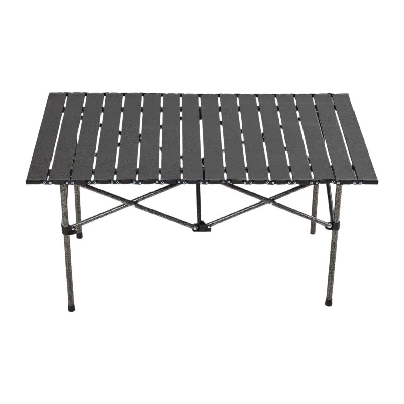 Living and Home 95cm Portable Folding Camping Table & Chair Set, 95cm Black Roll-Top Table + 4 Kermit Chairs with Wood Armrests, Outdoor Picnic Furniture with Carry Bag