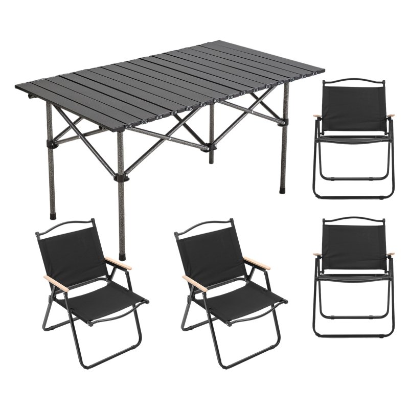 Living and Home 95cm Portable Folding Camping Table & Chair Set, 95cm Black Roll-Top Table + 4 Kermit Chairs with Wood Armrests, Outdoor Picnic Furniture with Carry Bag