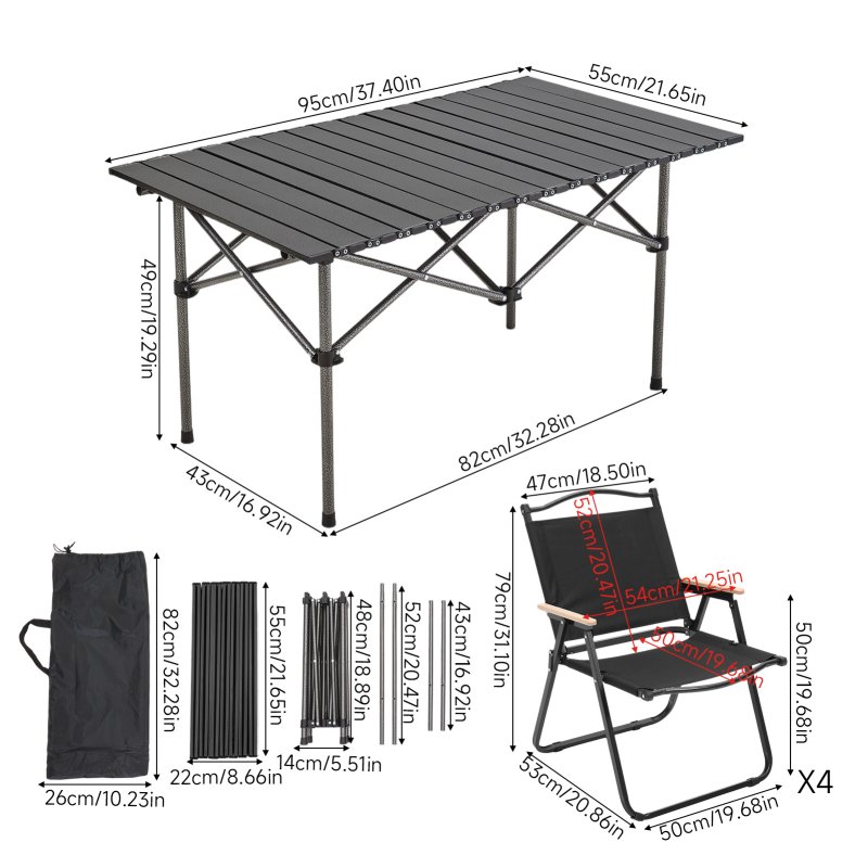 Living and Home 95cm Portable Folding Camping Table & Chair Set, 95cm Black Roll-Top Table + 4 Kermit Chairs with Wood Armrests, Outdoor Picnic Furniture with Carry Bag
