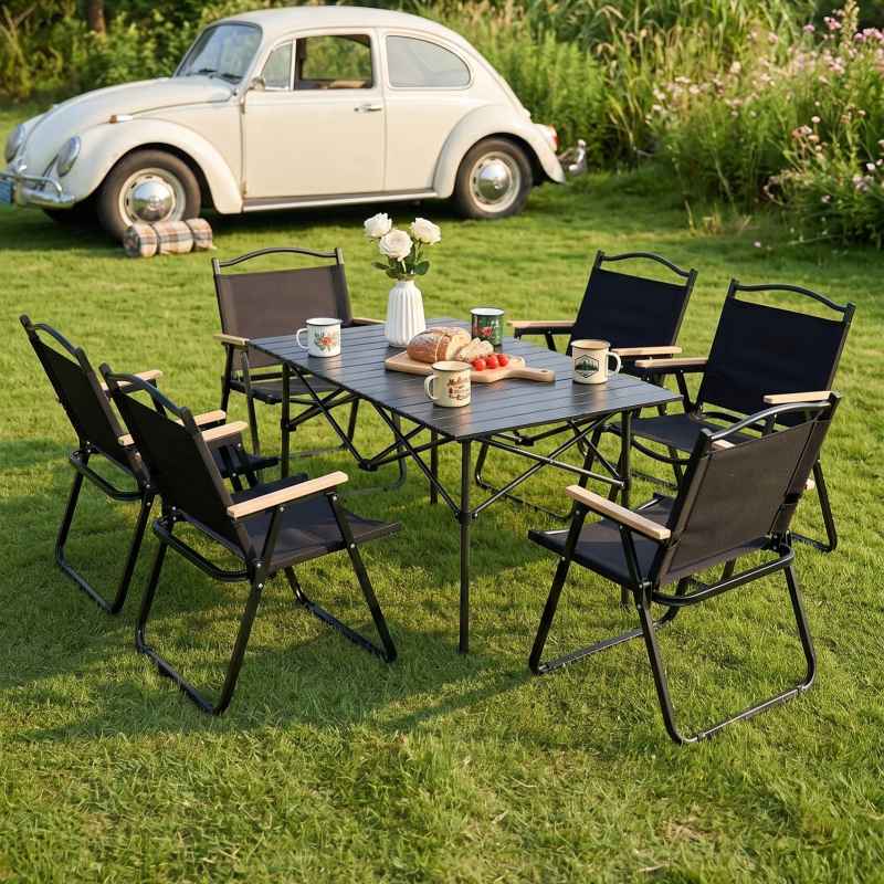 Living and Home 120cm Portable Folding Camping Table & Chair Set, 120cm Black Roll-Top Table + 6 Kermit Chairs with Wood Armrests, Outdoor Picnic Furniture with Carry Bag