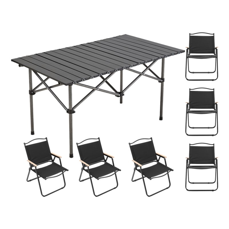 Living and Home 120cm Portable Folding Camping Table & Chair Set, 120cm Black Roll-Top Table + 6 Kermit Chairs with Wood Armrests, Outdoor Picnic Furniture with Carry Bag