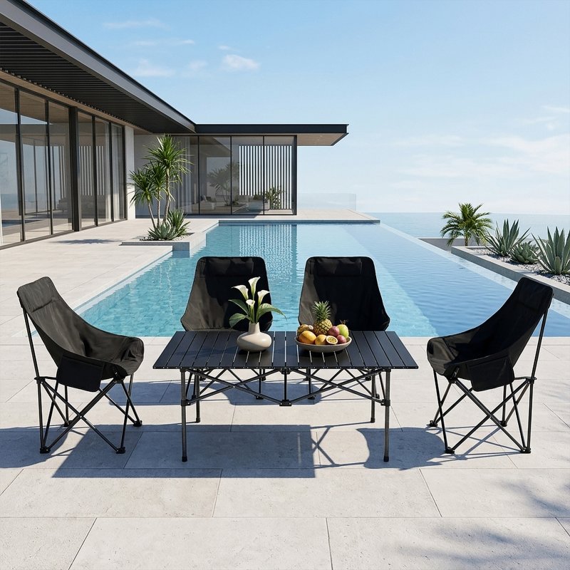 Living and Home Portable 95cm Folding Camping Table & Chair Set, 95cm Black Roll-Top Table + 4 High-Back Moon Chairs, Outdoor Picnic Furniture with Carry Bag