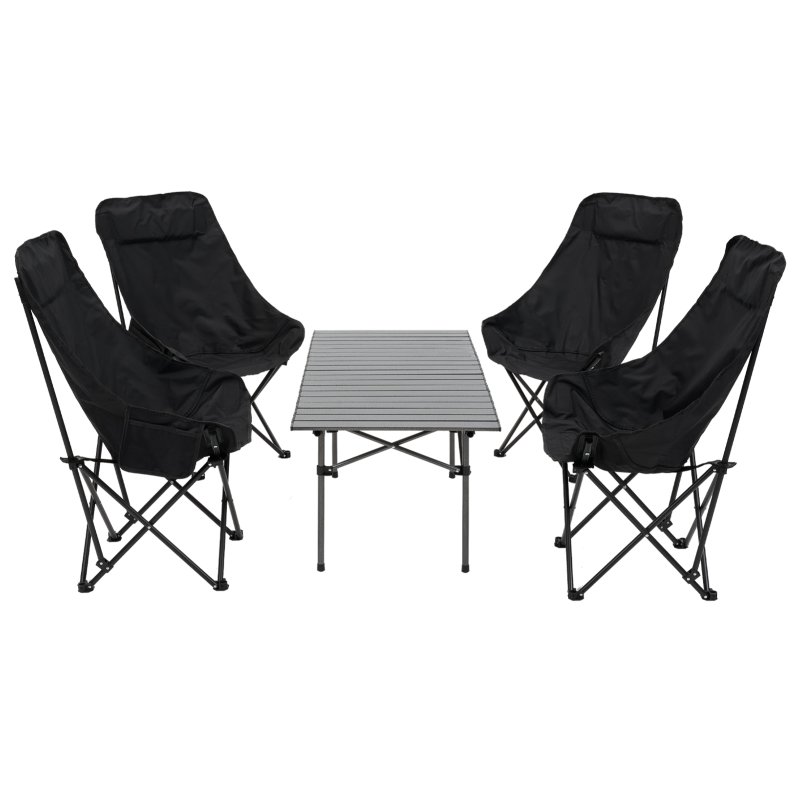 Living and Home Portable 95cm Folding Camping Table & Chair Set, 95cm Black Roll-Top Table + 4 High-Back Moon Chairs, Outdoor Picnic Furniture with Carry Bag