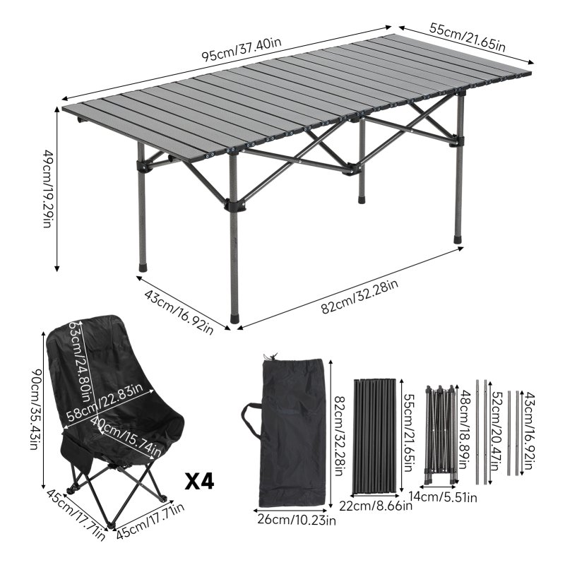 Living and Home Portable 95cm Folding Camping Table & Chair Set, 95cm Black Roll-Top Table + 4 High-Back Moon Chairs, Outdoor Picnic Furniture with Carry Bag