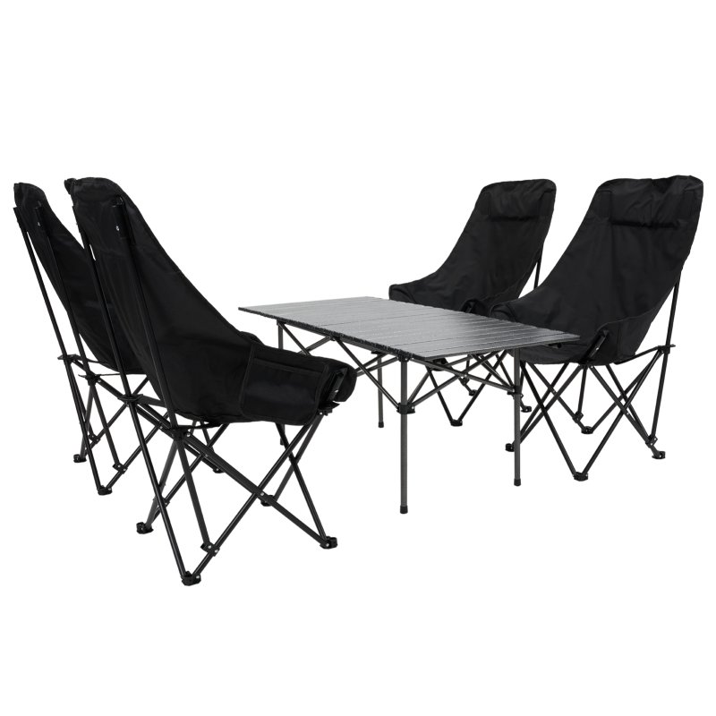 Living and Home Portable 95cm Folding Camping Table & Chair Set, 95cm Black Roll-Top Table + 4 High-Back Moon Chairs, Outdoor Picnic Furniture with Carry Bag