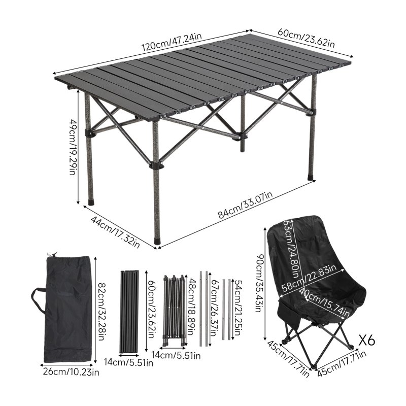 Living and Home 120cm Portable Folding Camping Table & Chair Set, 120cm Black Roll-Top Table + 6 High-Back Moon Chairs, Outdoor Picnic Furniture with Carry Bag