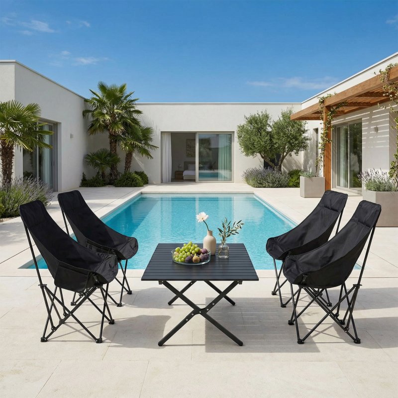 Living and Home 90cm X-Shaped Folding Camping Table & Chair Set, 90cm Black Roll-Top Table + 4 High-Back Moon Chairs, Portable Outdoor Picnic Furniture with Carry Bag