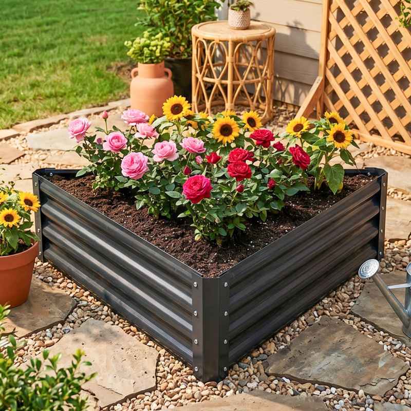 Living and Home Triangular Galvanised Steel Raised Garden Bed Dark Grey, 93.5cm W x 80cm D x 29cm H