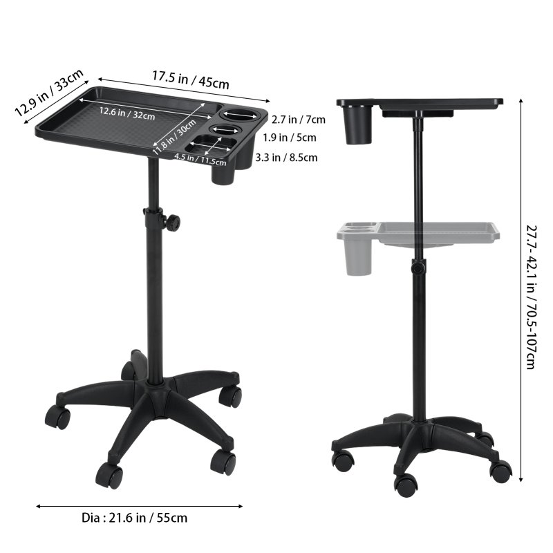 Living and Home Adjustable-Height Salon Tray on Wheels with Tool Holders