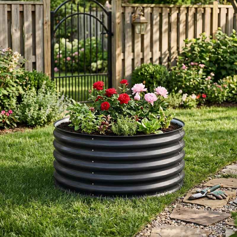 Living and Home 80cm Dia x 43cm H Round Metal Raised Garden Bed, Planter Box