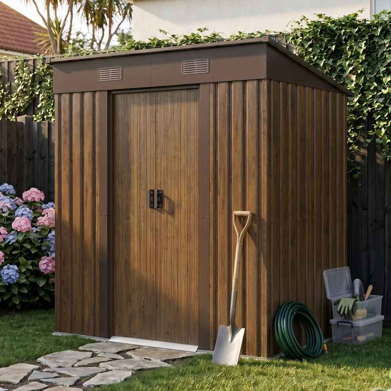 Living and Home 6.36 x 3.97FT Pent Roof Metal Garden Storage Shed with Lockable Sliding Doors, Brown Wood Grain