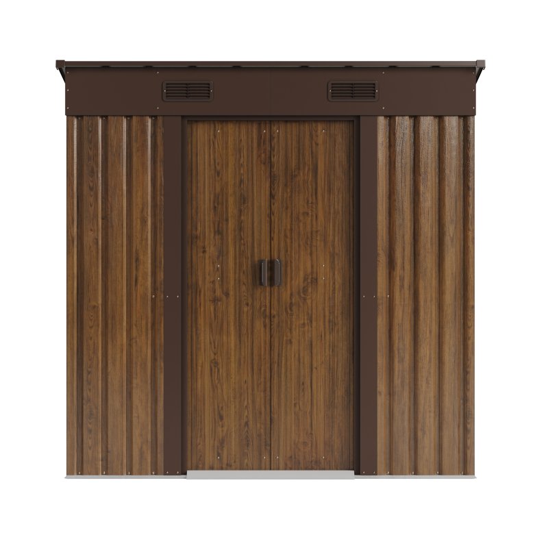 Living and Home 6.36 x 3.97FT Pent Roof Metal Garden Storage Shed with Lockable Sliding Doors, Brown Wood Grain
