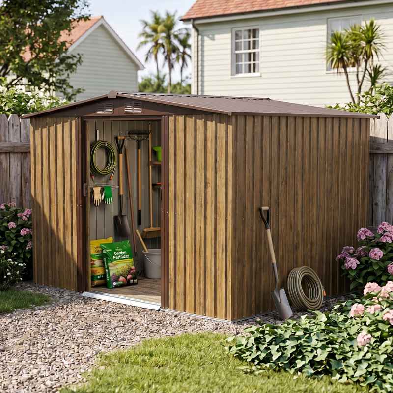 Living and Home 8.46 x 6.79FT Apex Roof Metal Garden Storage Shed with Lockable Sliding Doors, Brown Wood Grain