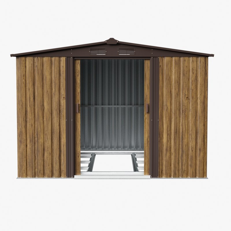 Living and Home 8.46 x 6.79FT Apex Roof Metal Garden Storage Shed with Lockable Sliding Doors, Brown Wood Grain