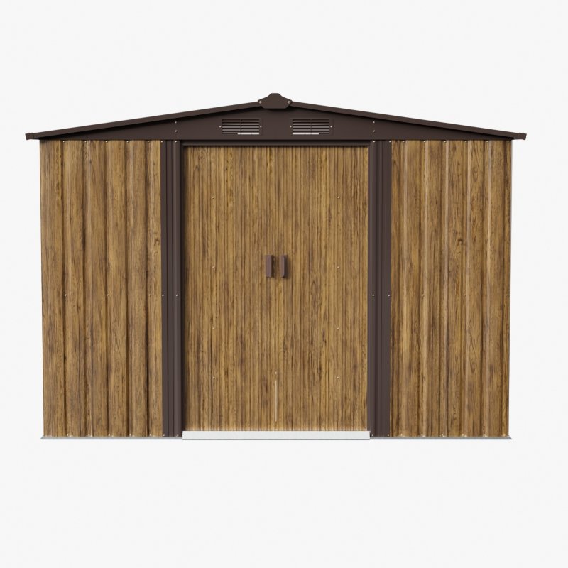 Living and Home 8.46 x 6.79FT Apex Roof Metal Garden Storage Shed with Lockable Sliding Doors, Brown Wood Grain