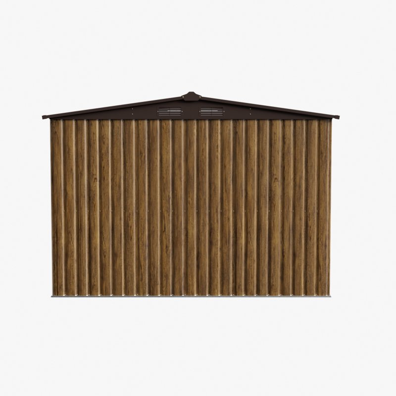 Living and Home 8.46 x 6.79FT Apex Roof Metal Garden Storage Shed with Lockable Sliding Doors, Brown Wood Grain
