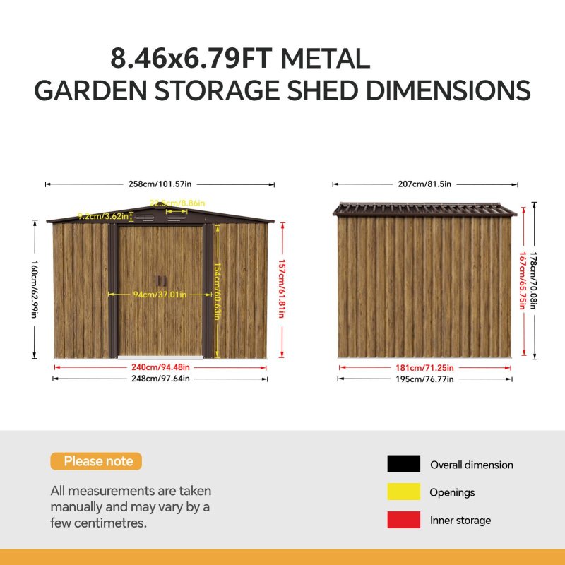 Living and Home 8.46 x 6.79FT Apex Roof Metal Garden Storage Shed with Lockable Sliding Doors, Brown Wood Grain