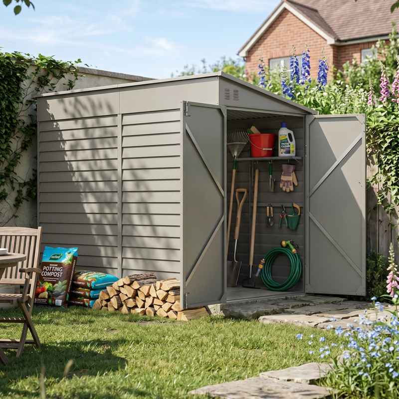 Living and Home 4.71 x 8.86FT Metal Pent Roof Garden Storage Shed, Grey