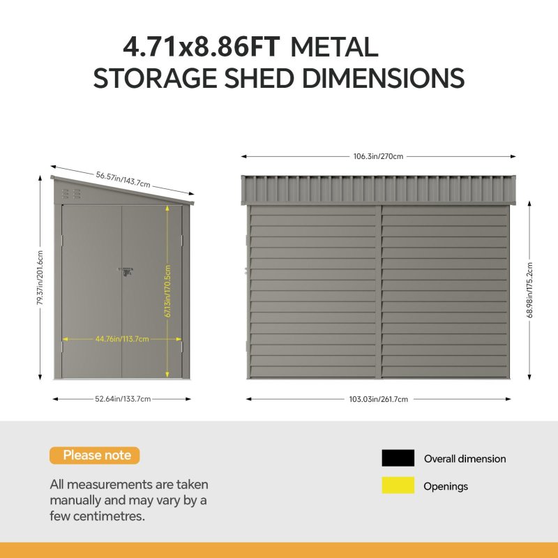 Living and Home 4.71 x 8.86FT Metal Pent Roof Garden Storage Shed, Grey
