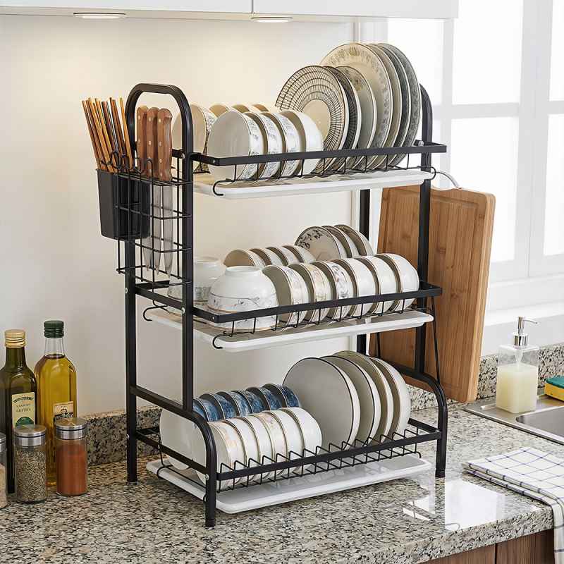 Living and Home 3-Tier Dish Drainer Draining Rack with Drying Trays