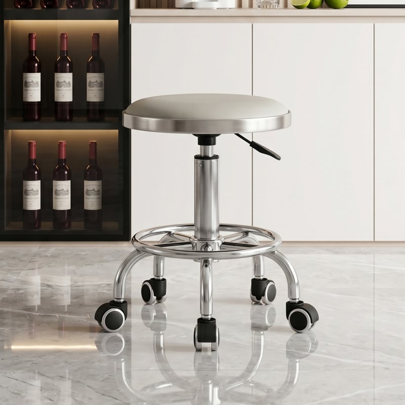 Living and Home Height-Adjustable PU Leather Round Salon Rolling Stool