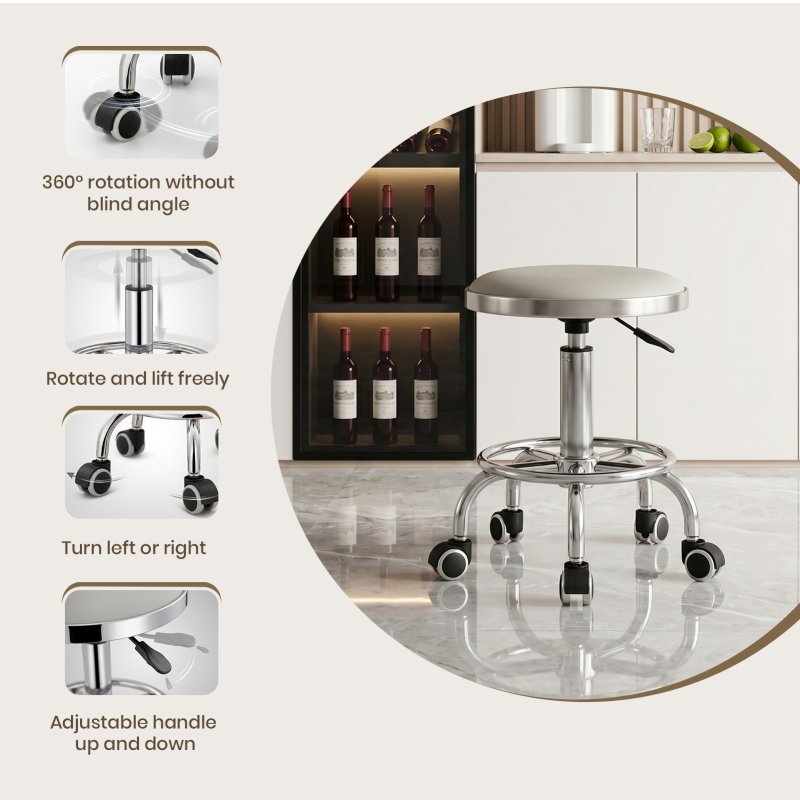 Living and Home Height-Adjustable PU Leather Round Salon Rolling Stool