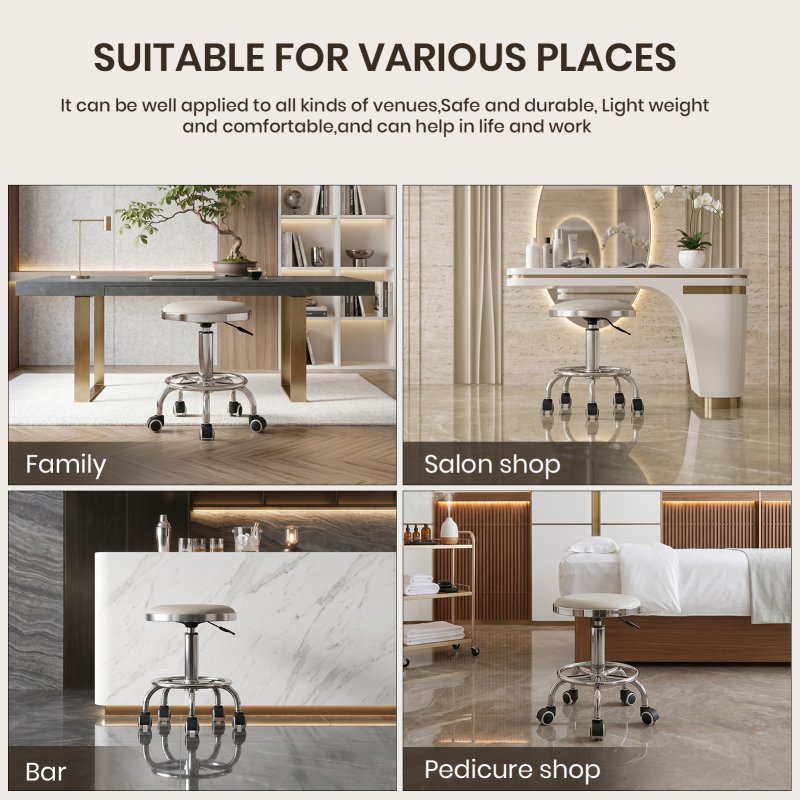 Living and Home Height-Adjustable PU Leather Round Salon Rolling Stool