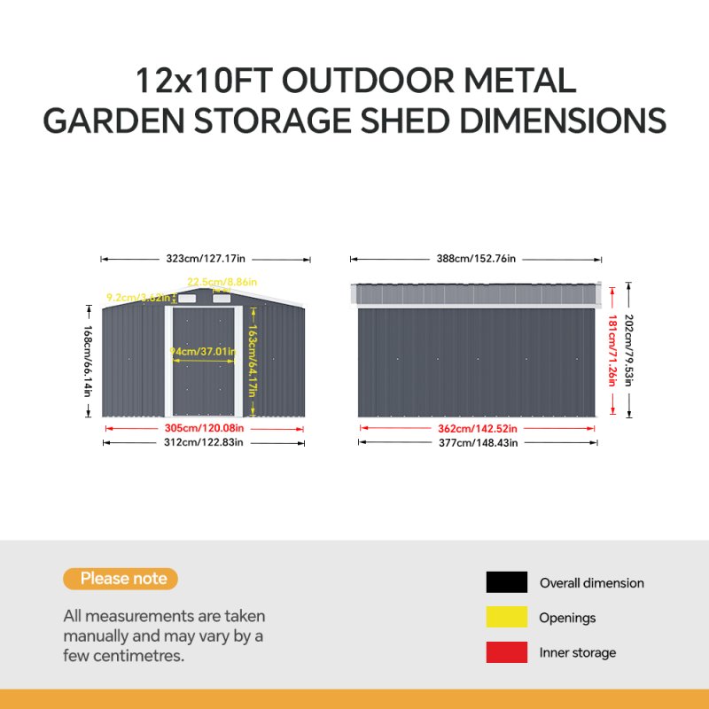  10.6 x 12.7 FT Metal Apex Roof Garden Shed Outdoor Storage House Double Door with Foundation Base, Charcoal Black