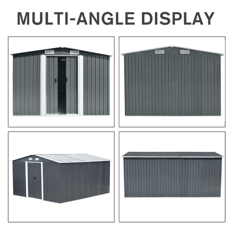  10.6 x 12.7 FT Metal Apex Roof Garden Shed Outdoor Storage House Double Door with Foundation Base, Charcoal Black