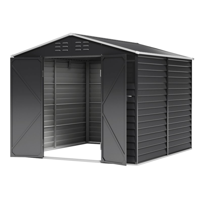8.09 x 8.53 ft Apex Metal Garden Storage Shed - Charcoal Black, Double Doors, 2 Windows, Built-in Shelving, Ventilation, Padlock Compatible