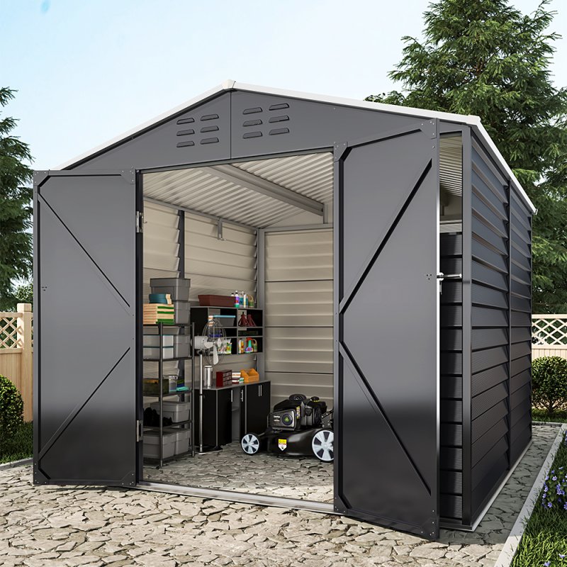 8.09 x 8.53 ft Apex Metal Garden Storage Shed - Charcoal Black, Double Doors, 2 Windows, Built-in Shelving, Ventilation, Padlock Compatible