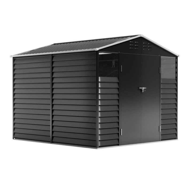 8.09 x 8.53 ft Apex Metal Garden Storage Shed - Charcoal Black, Double Doors, 2 Windows, Built-in Shelving, Ventilation, Padlock Compatible