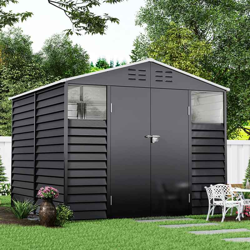 8.09 x 8.53 ft Apex Metal Garden Storage Shed - Charcoal Black, Double Doors, 2 Windows, Built-in Shelving, Ventilation, Padlock Compatible