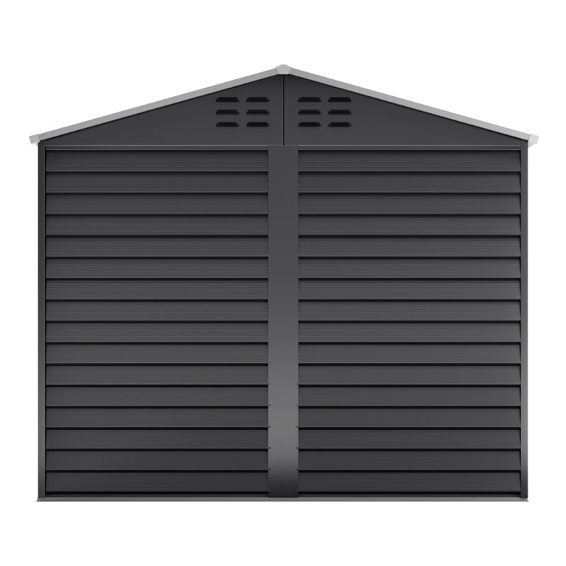 8.09 x 8.53 ft Apex Metal Garden Storage Shed - Charcoal Black, Double Doors, 2 Windows, Built-in Shelving, Ventilation, Padlock Compatible