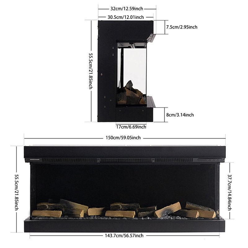 60inch 3-Sided Built-in Smart Electric Fireplace with Crackling Sound