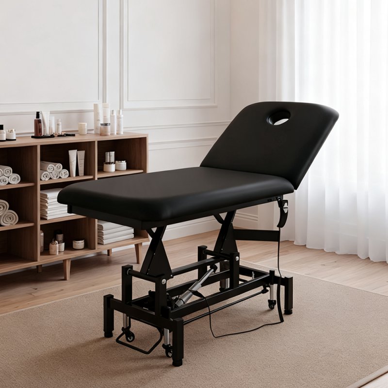 Living and Home Electric Height Adjustable Massage Table, Reclining Facial Spa Bed with Backrest Adjustment, Mobile Beauty Tattoo Bed with Wheels, 180cm Black PU Salon Treatment Bed