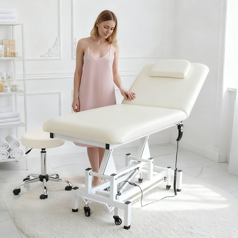 Living and Home Electric Height Adjustable Massage Table, Reclining Beige Facial Spa Bed with Manual Backrest, Mobile Beauty Tattoo Bed with Wheels, 180cm Salon Treatment Bed