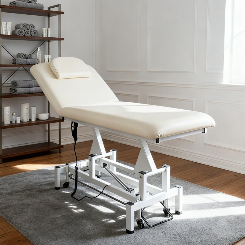Living and Home Electric Height Adjustable Massage Table, Reclining Beige Facial Spa Bed with Manual Backrest, Mobile Beauty Tattoo Bed with Wheels, 180cm Salon Treatment Bed
