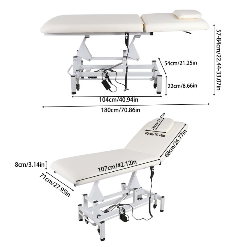 Living and Home Electric Height Adjustable Massage Table, Reclining Beige Facial Spa Bed with Manual Backrest, Mobile Beauty Tattoo Bed with Wheels, 180cm Salon Treatment Bed