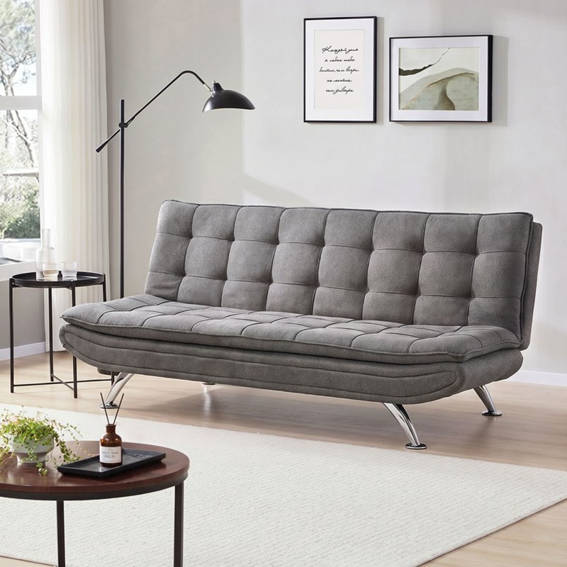 Living and Home Dark Grey Linen Convertible Sofa Bed, 3 Position Adjustable Futon Sofa with Metal Legs for Guest Room