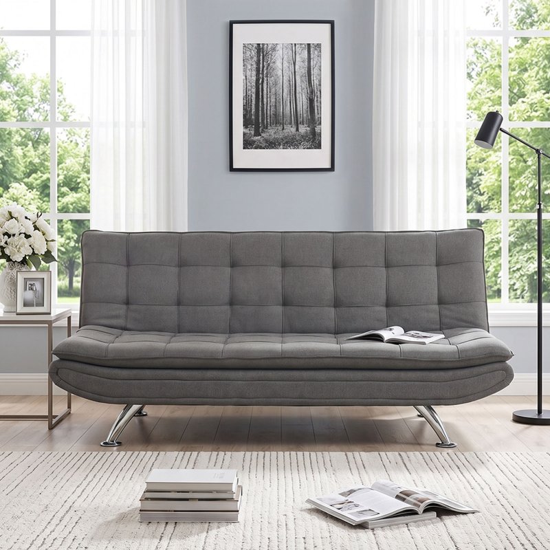 Living and Home Dark Grey Linen Convertible Sofa Bed, 3 Position Adjustable Futon Sofa with Metal Legs for Guest Room