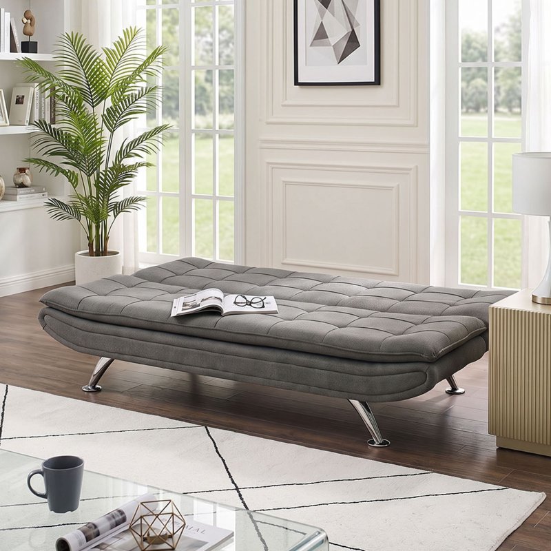 Living and Home Dark Grey Linen Convertible Sofa Bed, 3 Position Adjustable Futon Sofa with Metal Legs for Guest Room