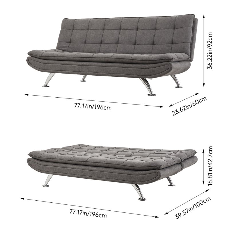 Living and Home Dark Grey Linen Convertible Sofa Bed, 3 Position Adjustable Futon Sofa with Metal Legs for Guest Room