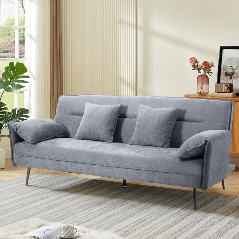 Living and Home Grey Fabric 3-Seater Convertible Sofa Bed, Modern Sleeper Sofa with Metal Legs and 2 Throw Pillows